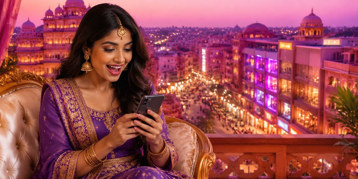 Bright neon-lit Jaipur scene representing digital payments in India